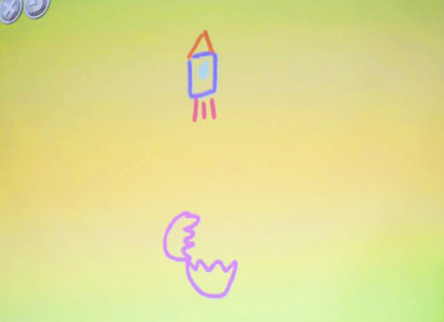 ビスケットの応用例。3つの絵を組み合わせてみると、「卵が割れると、ロケットが飛び出し、空に飛んでいく」という仕掛けのある動きも表現できるようになる